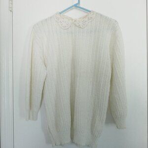 vintage 80s semi open knit boucle ribbed white sweater peter pan collar